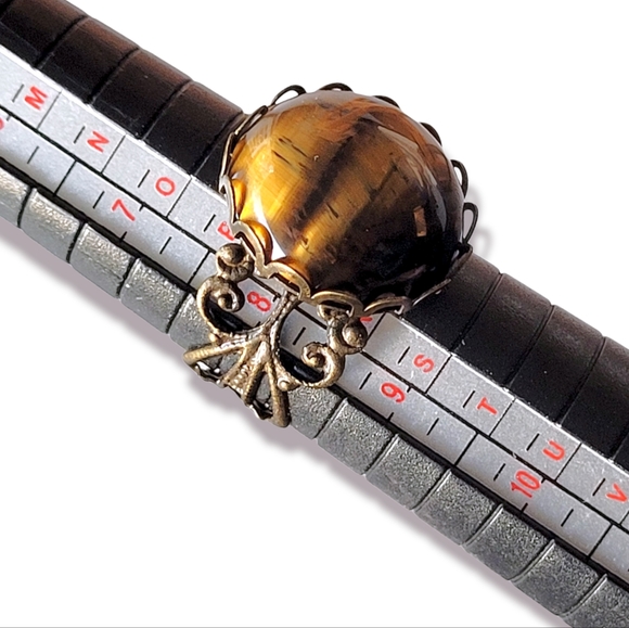 Genuine Tiger's Eye Semi Precious Natural Stone French Copper Filigree Ring 8 - Picture 7 of 8